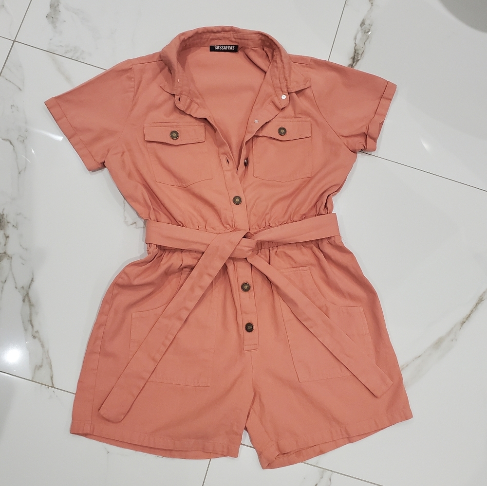 Sassafras 100% Cotton Coral Denim Jumper Romper Playsuit